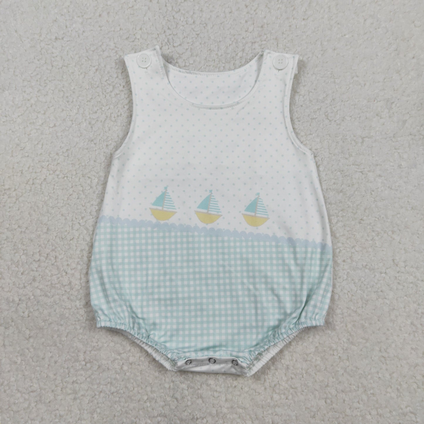 Baby Boys Kids Sleeveless Boats Green Plaid Dots Bubble Romper RTS