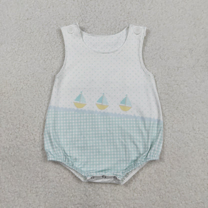 Baby Boys Kids Sleeveless Boats Green Plaid Dots Bubble Romper RTS