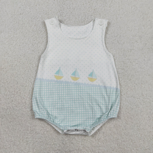 Baby Boys Kids Sleeveless Boats Green Plaid Dots Bubble Romper RTS
