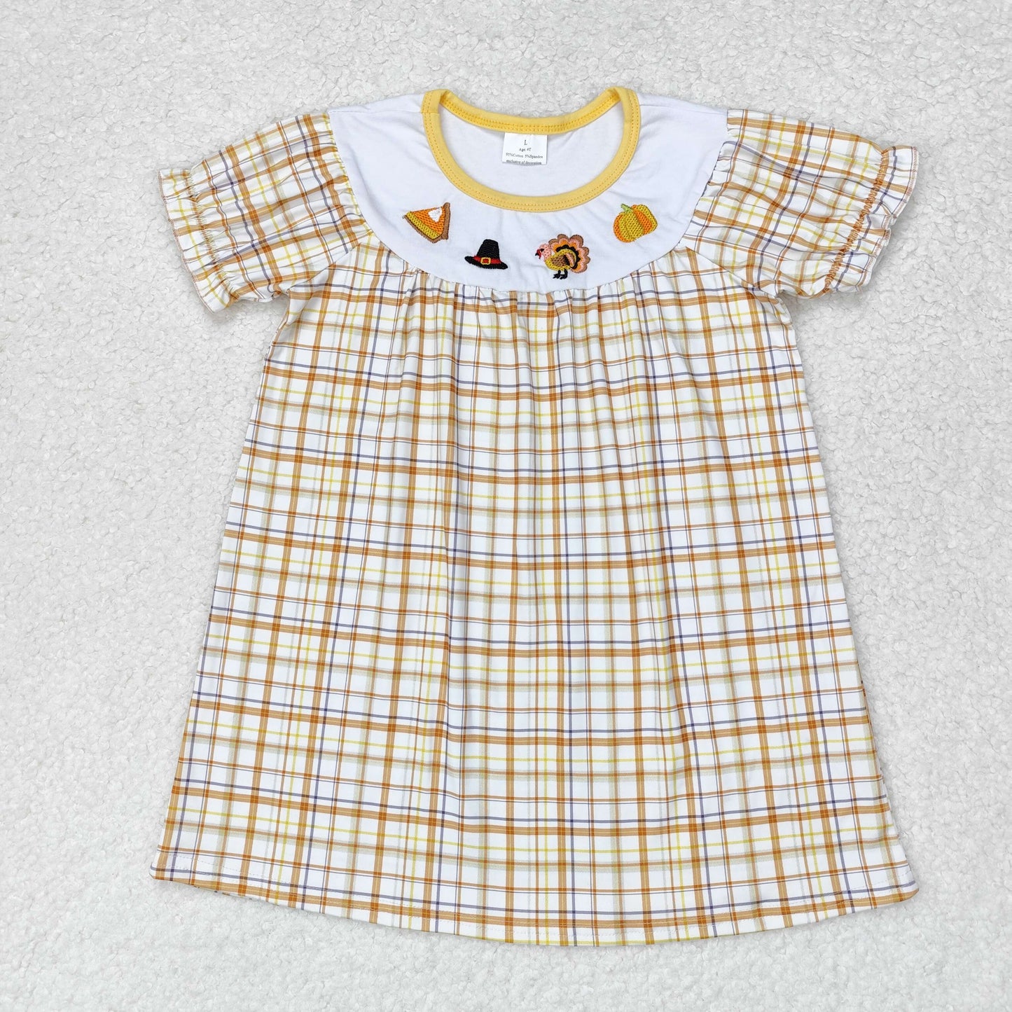 Baby Girls Thanksgiving Embroidery turkey Pumpkin Plaid Dress