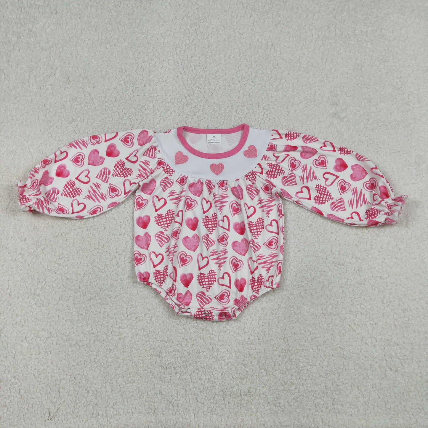 Baby Girls Infant Long Sleeves Embroidery Hearts Valentine's Day Bubble Romper RTS