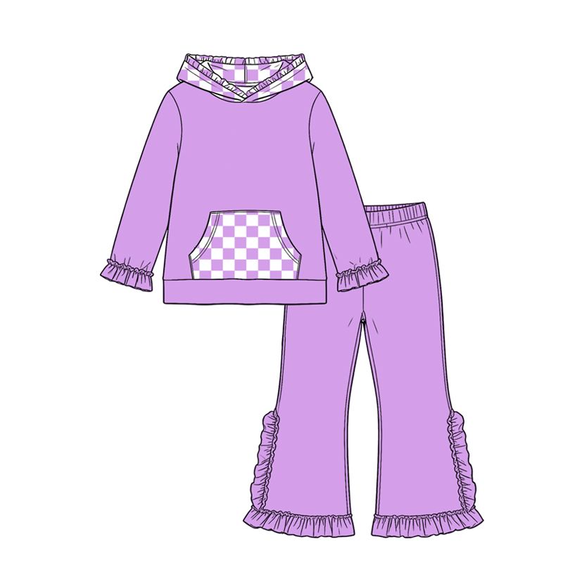 ( Moq 5 ) Preorder Baby Girls Kids Checked Pocket Hoodie Shirt Pants Purple Set Cotton Clothes