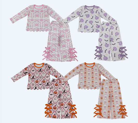 Sibling Baby Girls Kids Long Sleeves Pumpkins Scallop Shirts Bows Pants Sets Fall Clothes RTS