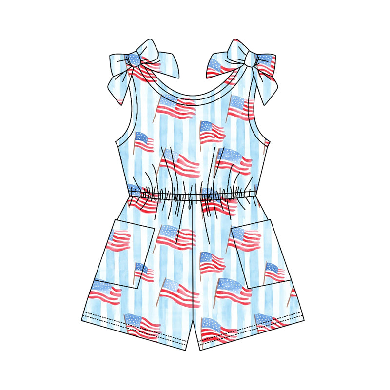 ( Moq 5 ) Preorder Baby Girls Kids Flags Blue Stripes Pockets Shorts 4th of July Jumpsuit