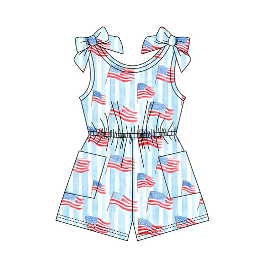 ( Moq 5 ) Preorder Baby Girls Kids Flags Blue Stripes Pockets Shorts 4th of July Jumpsuit