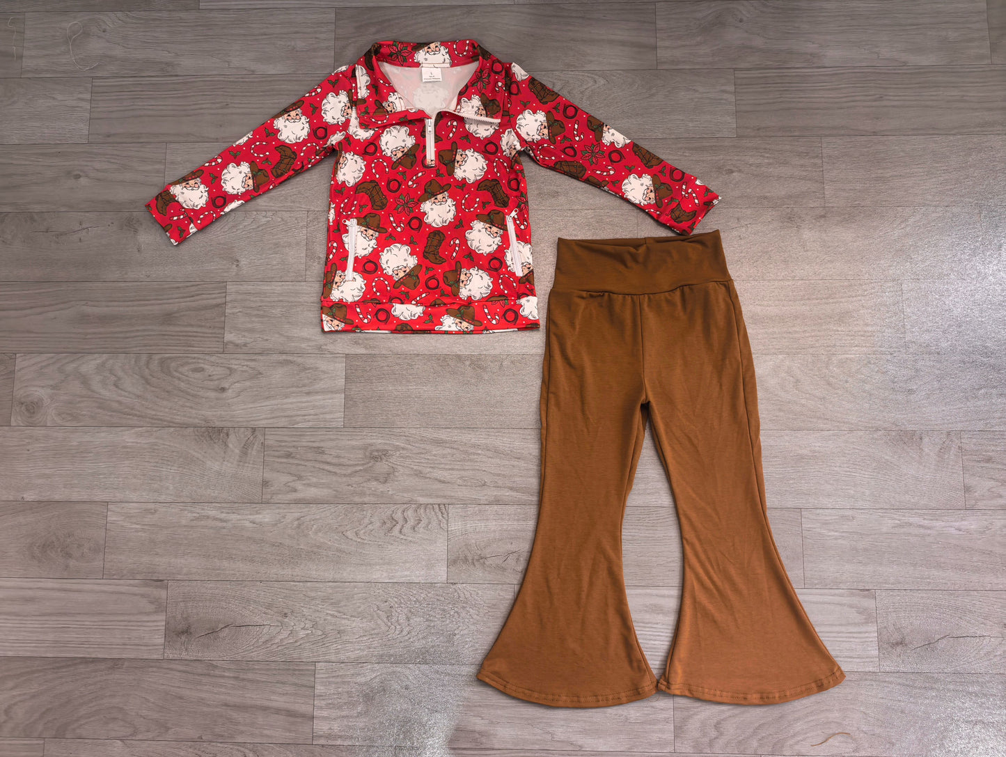 ( No moq ) Preorder Baby Girls Kids Christmas Santa Zipper Pockets Tops Brown Pants Set Clothes