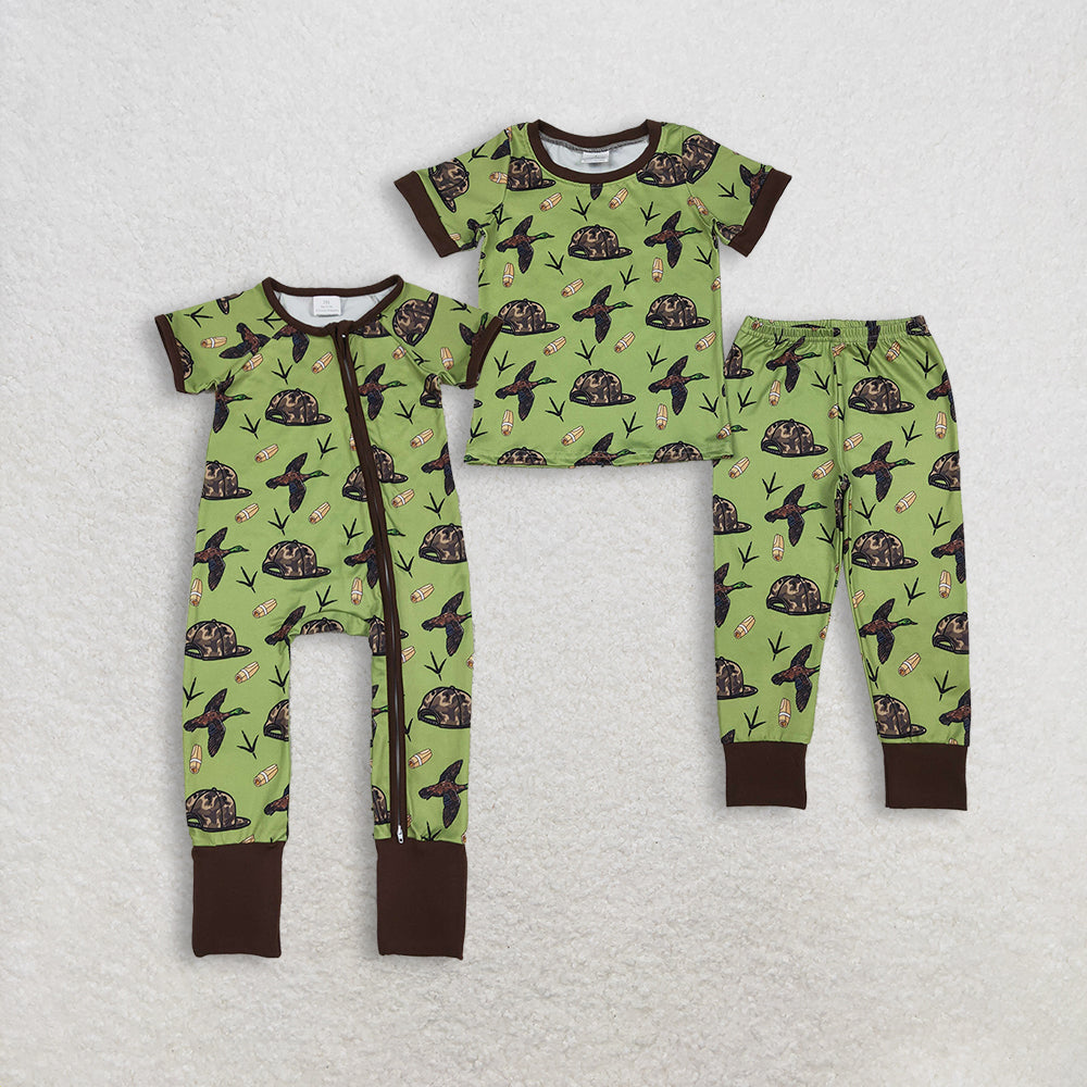 Sibling Baby Boys Short Sleeves Ducks Camo Hats Hunting Green Zipper Romper Outfit Pajamas  RTS