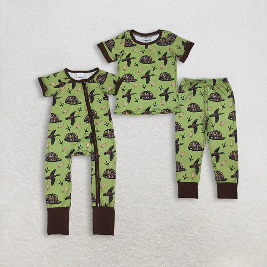 Sibling Baby Boys Short Sleeves Ducks Camo Hats Hunting Green Zipper Romper Outfit Pajamas  RTS