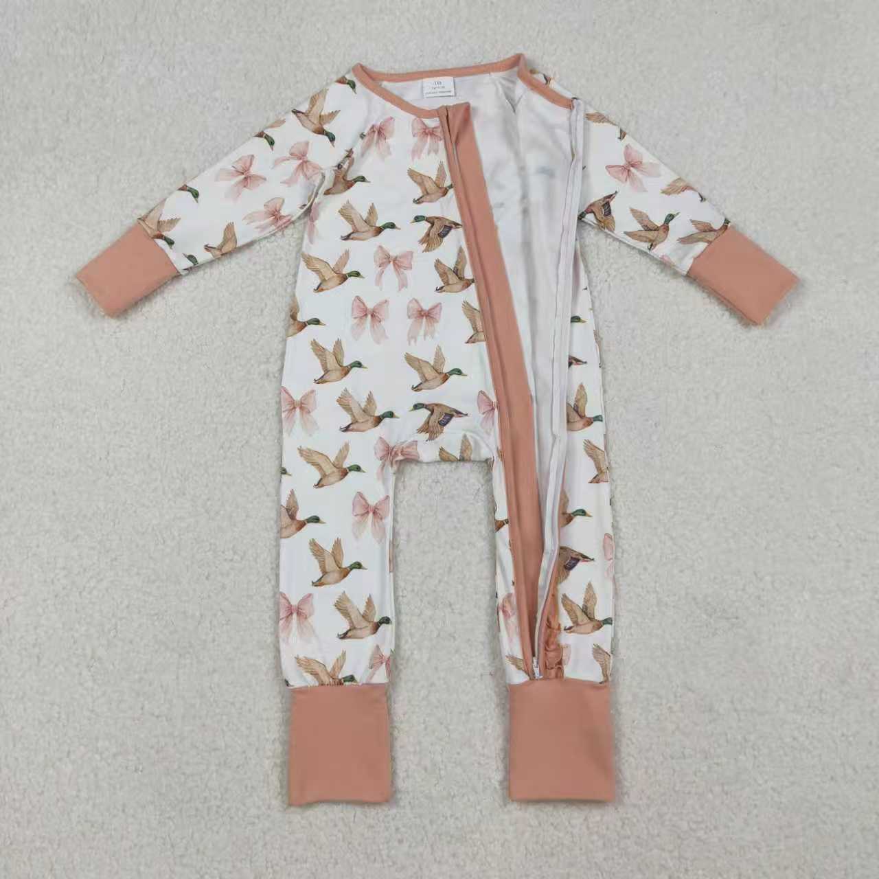 Sibling Baby Girl Long Sleeves Ducks Pink Bows Pajamas Zipper Romper Set RTS