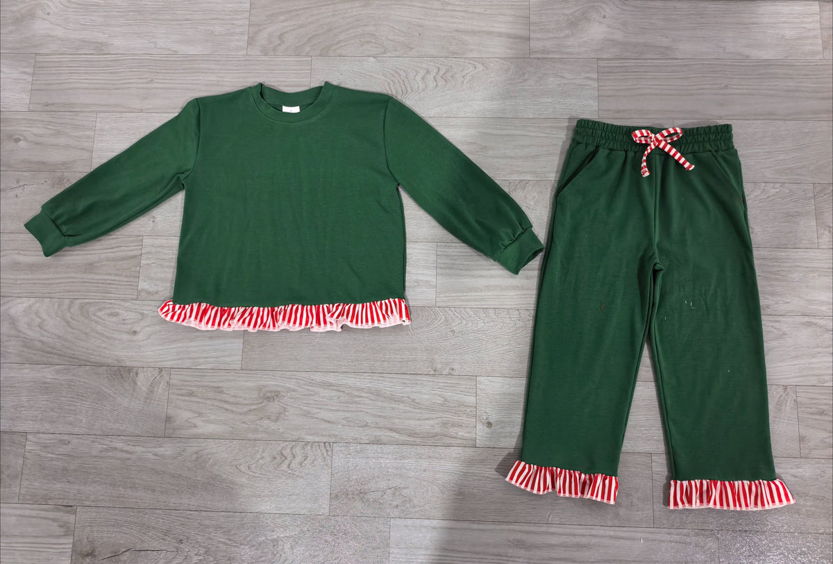 ( No moq ) Preorder Baby Girls Kids Stripes Ruffle Shirt Pockets Pants Green Set Christmas Clothes