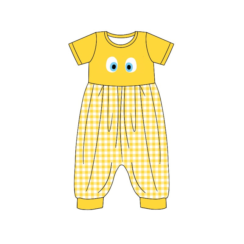 Baby Girl Short Sleeves Yellow Plaid Cartoon Jumpsuit