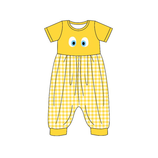 Baby Girl Short Sleeves Yellow Plaid Cartoon Jumpsuit