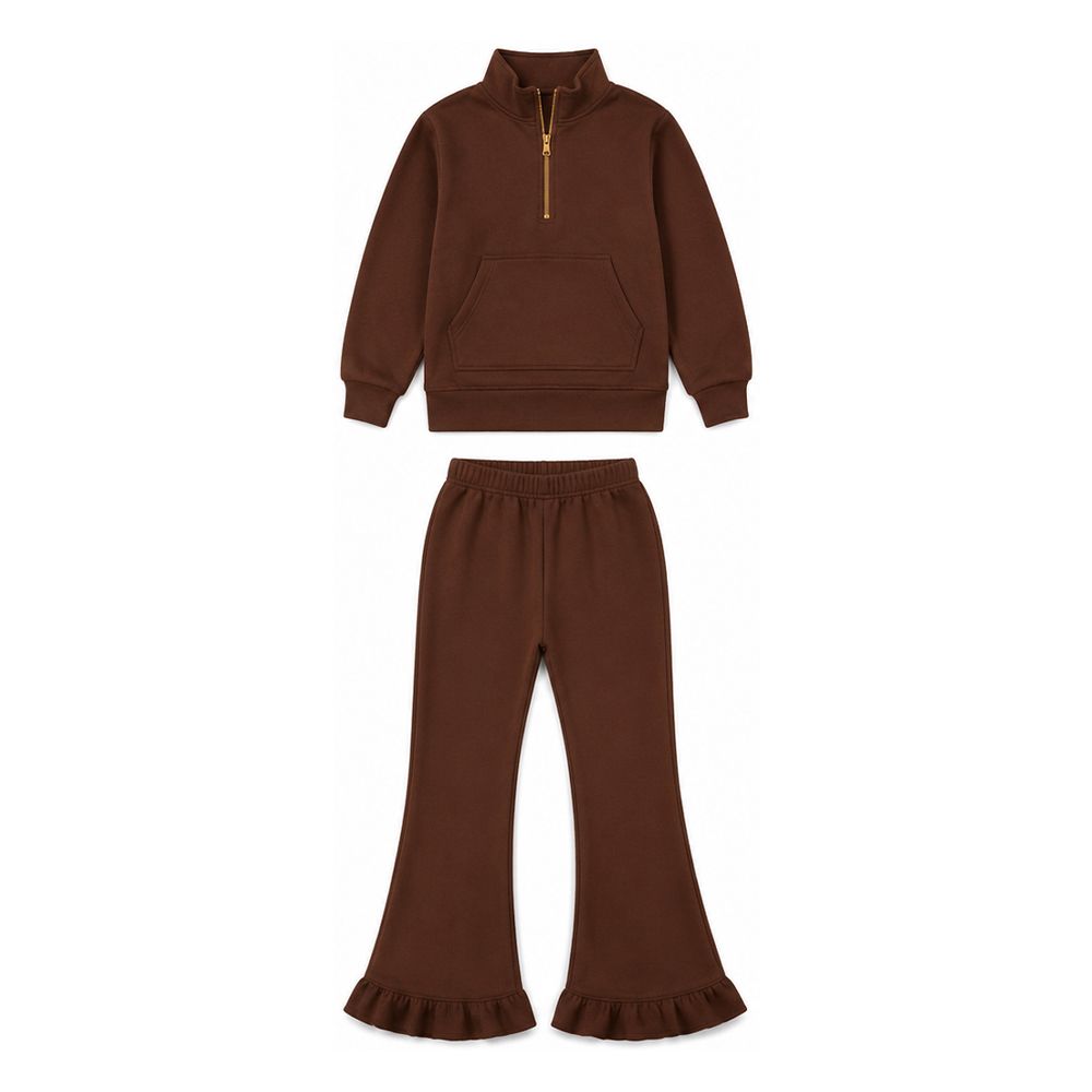 ( Moq 5 ) Preorder Baby Girls Kids Long Sleeves Zipper Pocket Pants Brown Set Clothes