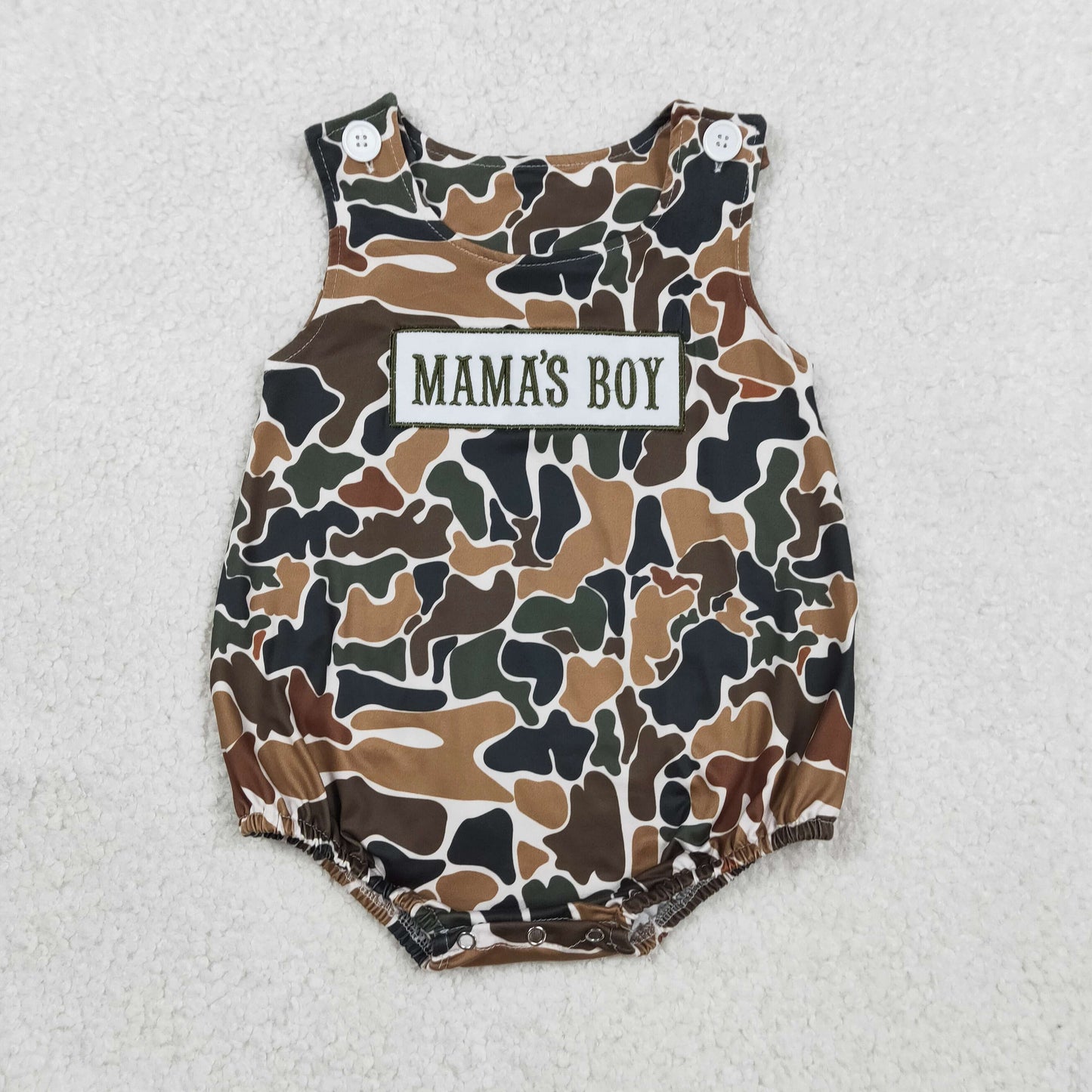 Baby Boys Sleeveless Embroidery Mama's Boy Camo Bubble Romper RTS
