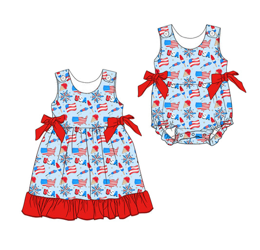 ( Moq 5 Each Style ) Baby Girls Kids Flags 4th of July Sibling Summer Blue Romper Dress