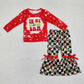 Baby Girl Christmas Red Shirt Green Face Checkered Bell Pants Clothes Set