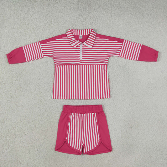 Baby Girls Kids Long Sleeves Pink Stripes Zipper Pullover Shorts Yoga Active Set Clothes RTS