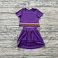 ( No moq ) Preorder Baby Girls Kids Purple Short Sleeves Stripes Shirt Scallop Skirt Shorts Set Cotton Clothes