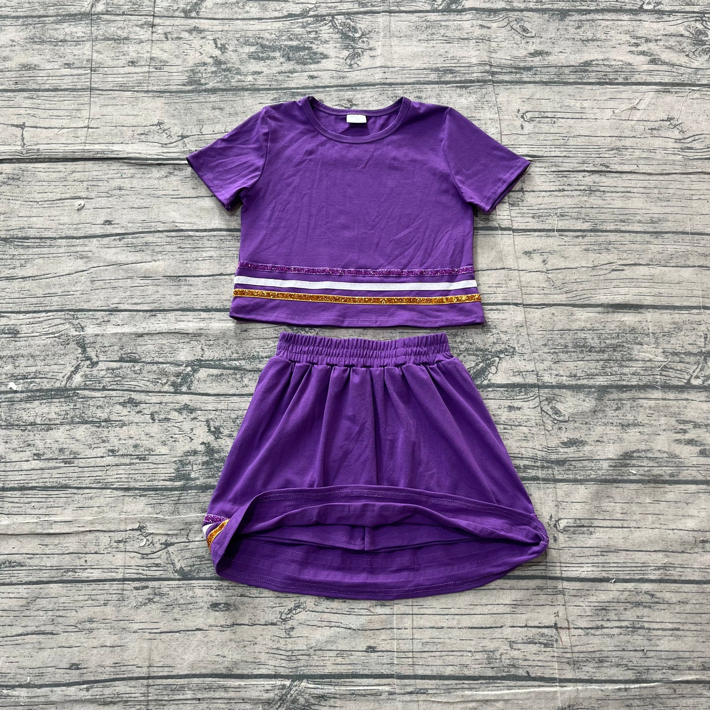 ( No moq ) Preorder Baby Girls Kids Purple Short Sleeves Stripes Shirt Scallop Skirt Shorts Set Cotton Clothes