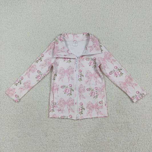 Baby Girl Long Sleeves Floral Bows Zipper Pockets Yoga Active Pink Shirt Tops RTS