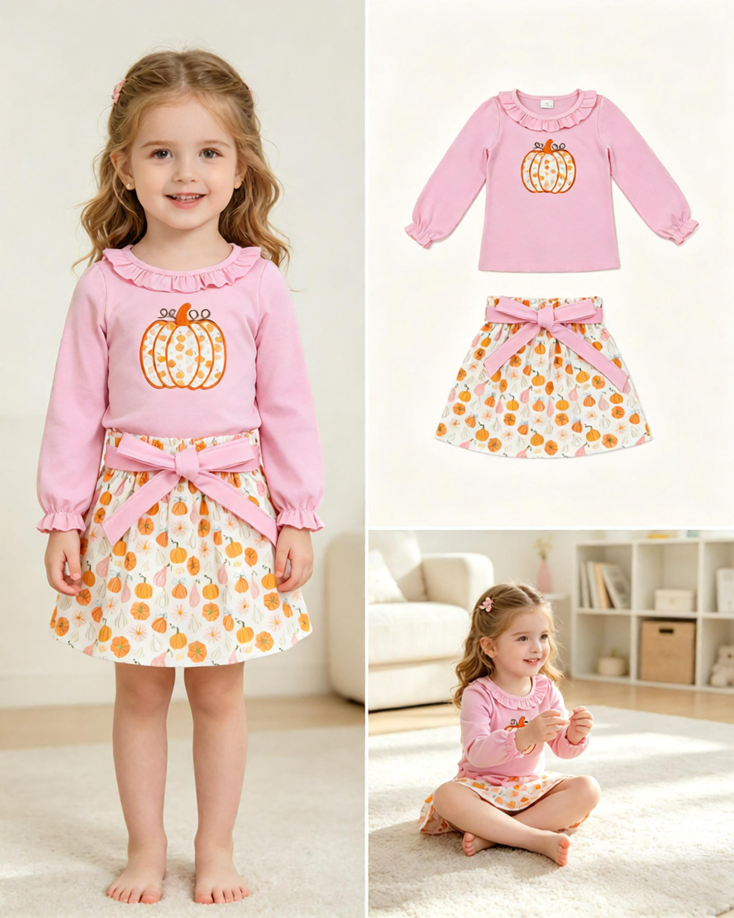 Baby Girls Kids Embroidery Pink Tops Pumpkins Bows Skirt Fall Set Clothes RTS