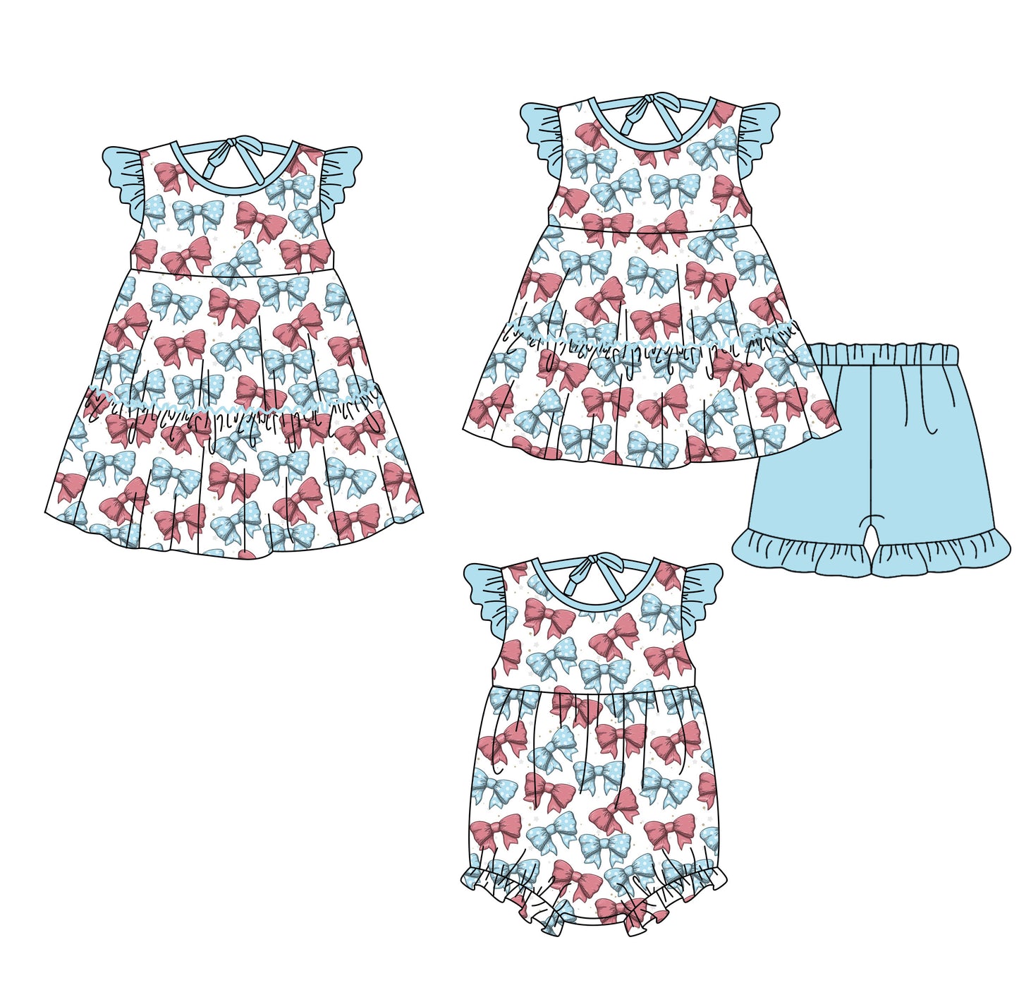 ( Moq 5 Each Style ) Sibling Baby Girls Kids Short Sleeves Red Blue Bows Romper Dress Set Summer Clothes