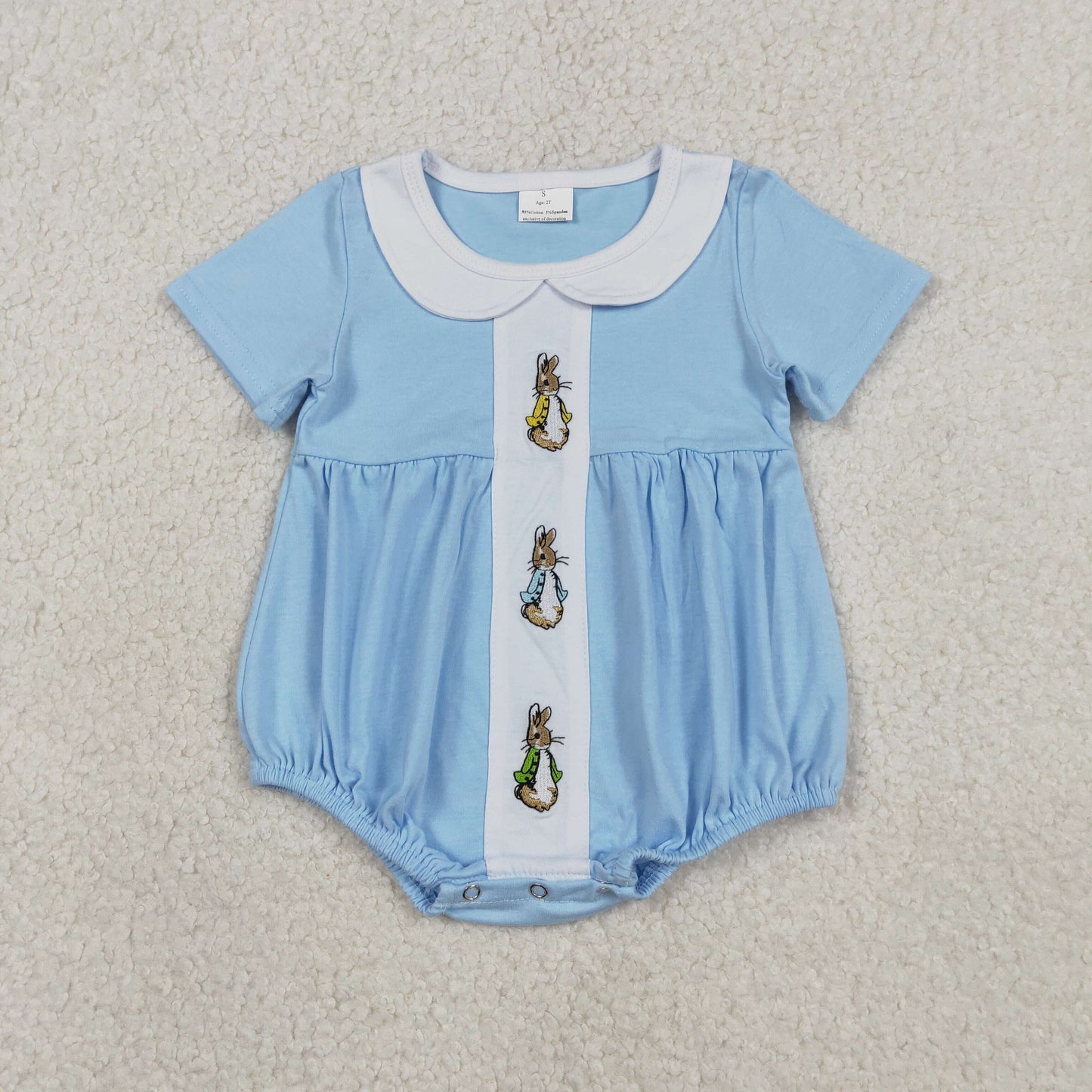 Baby Boys Short Sleeves Embroidery Rabbits Easter Blue Bubble Romper RTS