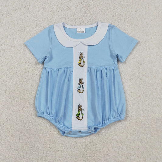 Baby Boys Short Sleeves Embroidery Rabbits Easter Blue Bubble Romper RTS