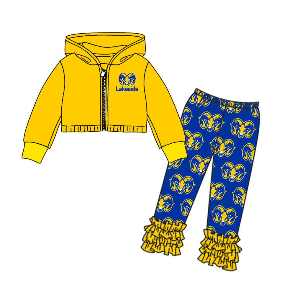 Baby Girl Sheep Team Hooded Yellow Tops Pants Set