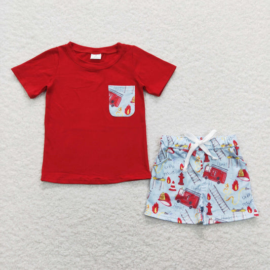 BSSO0557 Baby Boy Red Short Sleeves Shirt Fire Trucks Pocket Shorts Set