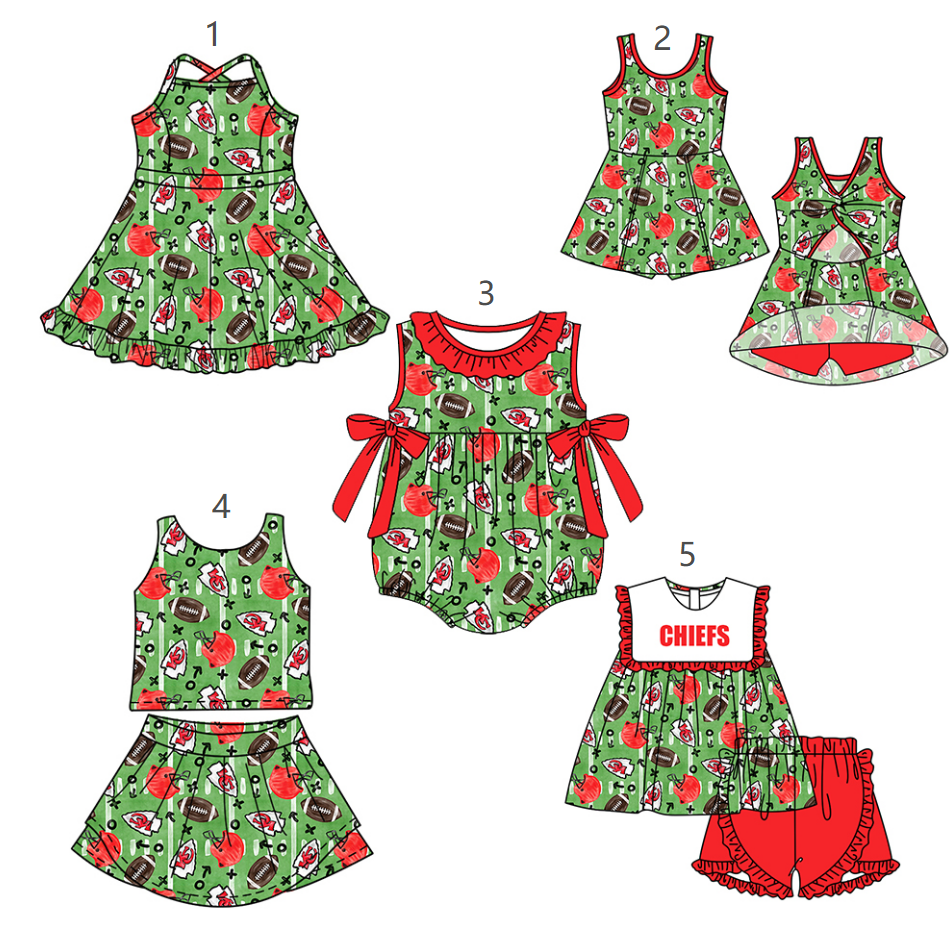 ( Moq 5 Each Style ) Baby Girls Kids Sleeveless Football Hats Sibling Green Romper Dresses Sets