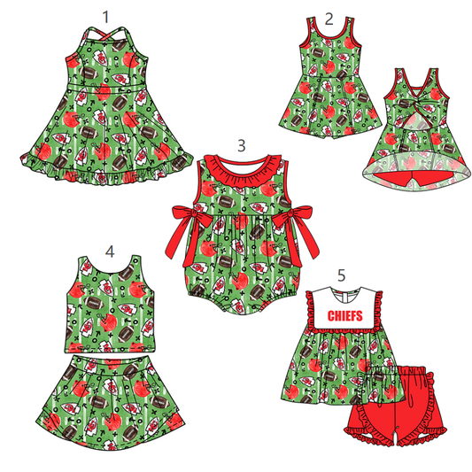 ( Moq 5 Each Style ) Baby Girls Kids Sleeveless Football Hats Sibling Green Romper Dresses Sets