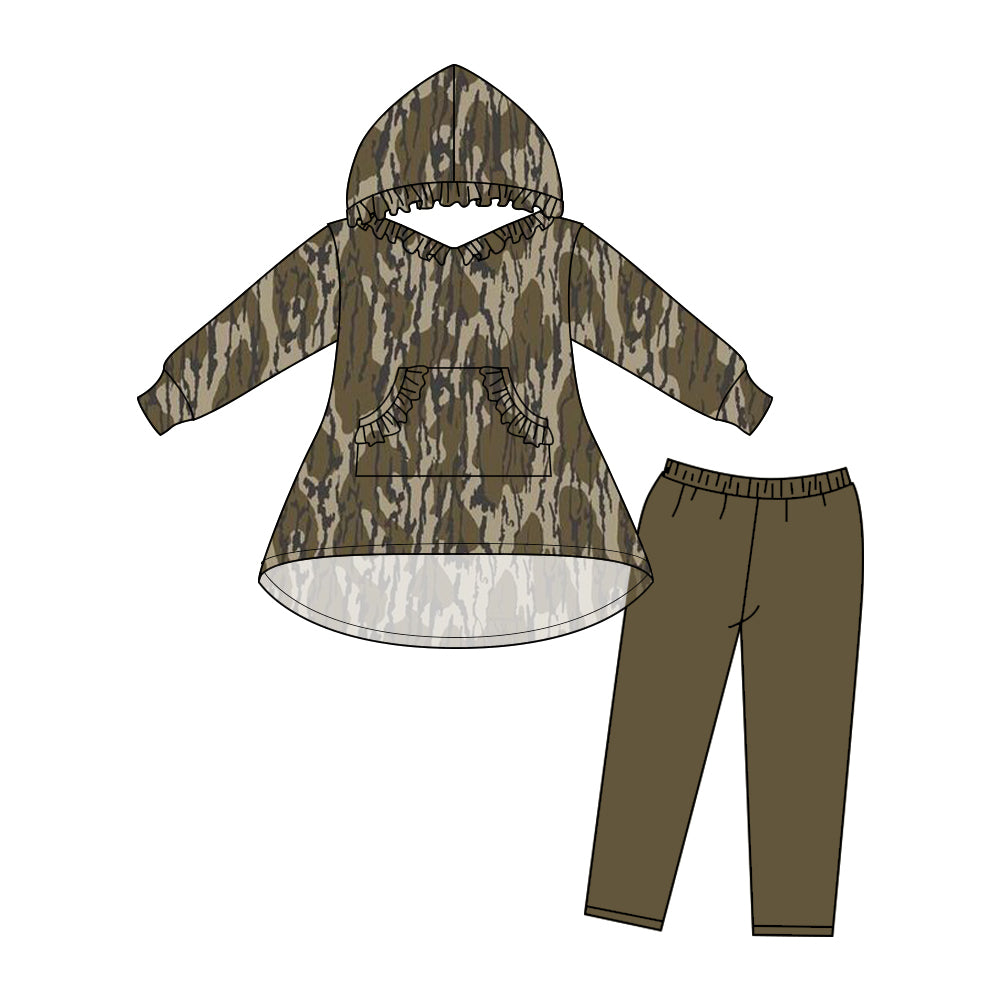 Baby Girl Green Camo Trees Hooded Pockets Tops Pants Set