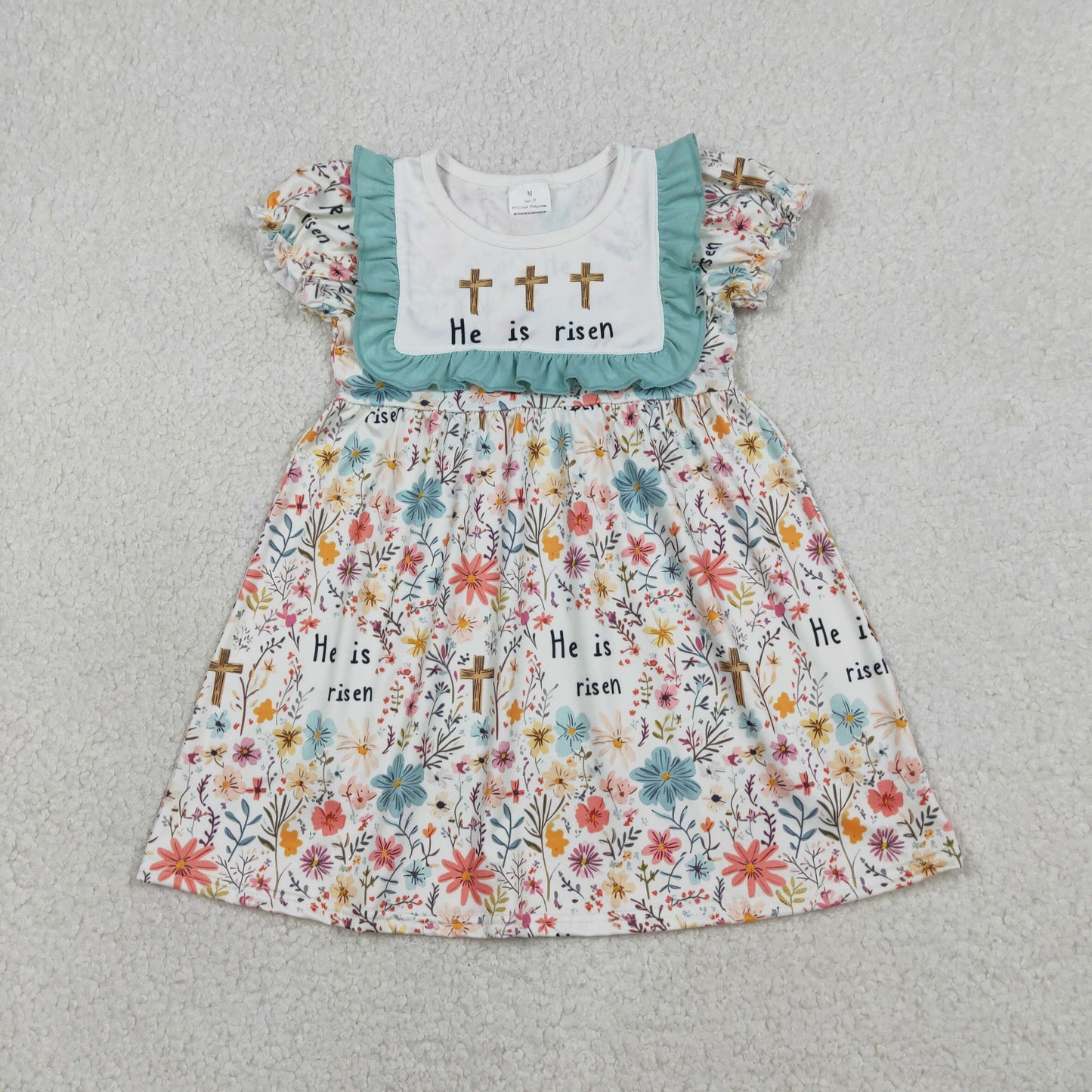 Baby Girls Short Sleeves Crosses Flower Easter Knee Length Dress RTS