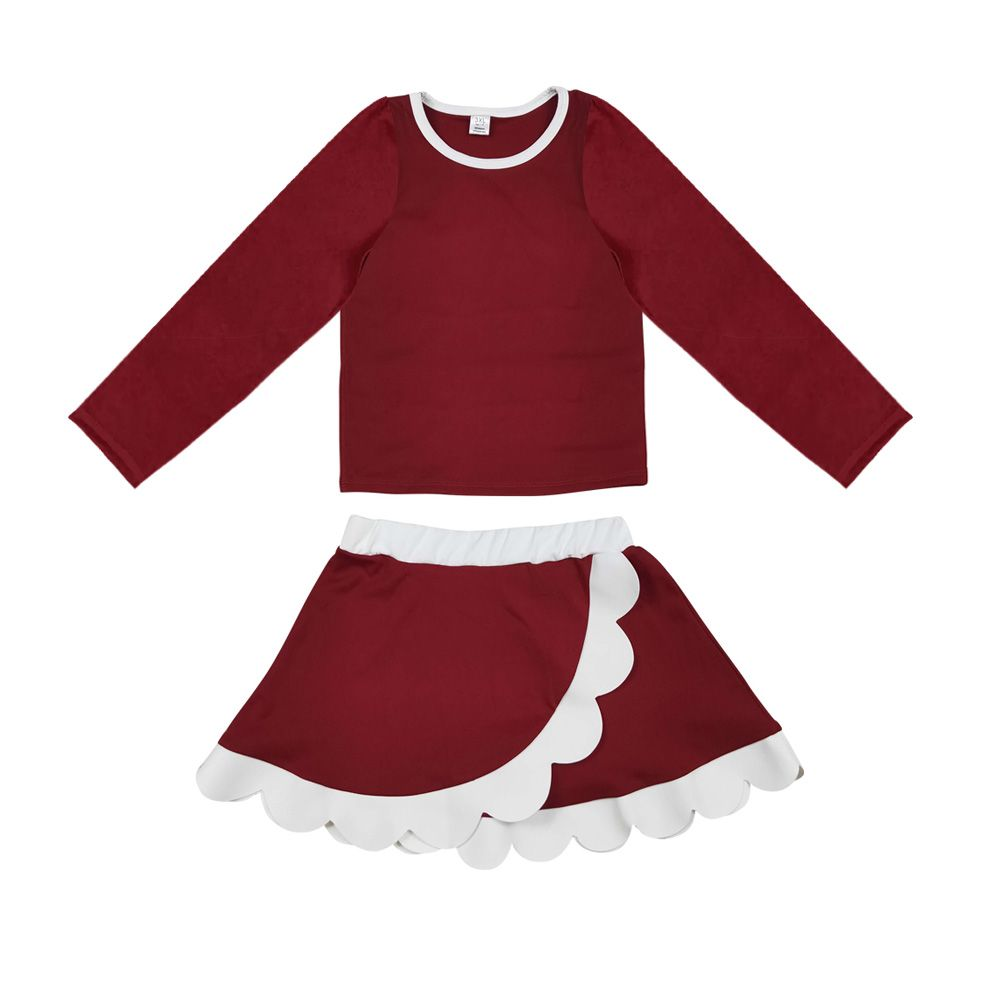 ( Moq 5 ) Preorder Baby Girls Kids Dark Red Shirt Black Scalloped Skirt Shorts Set Yoga Active Clothes