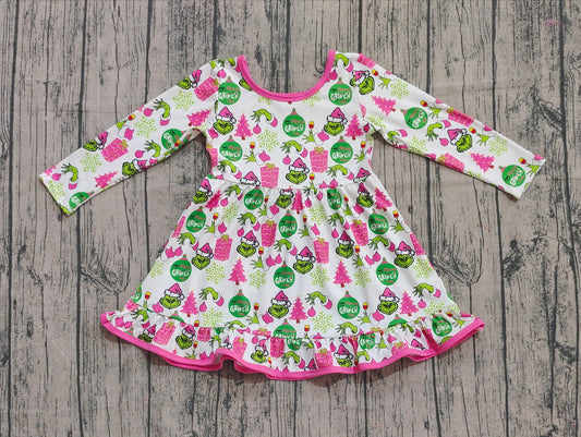( No moq ) Preorder Baby Girl Long Sleeves Green Face Tree Christmas Ruffle Dress