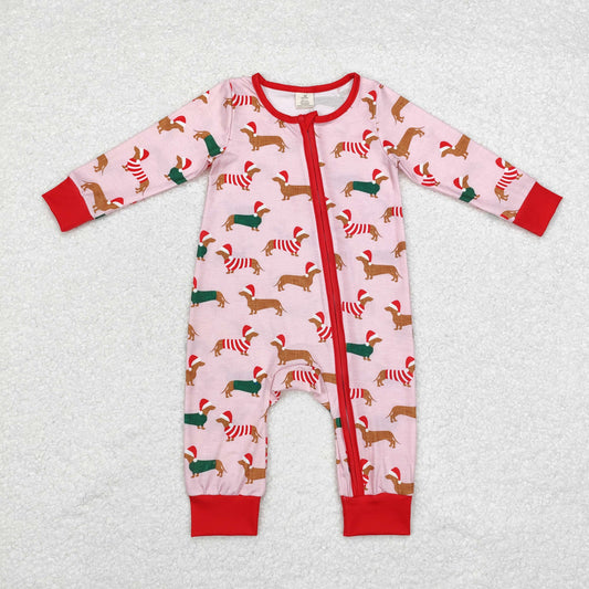 Baby Girl Infant Long Sleeves Christmas Dogs Zipper Bamboo Pink Romper