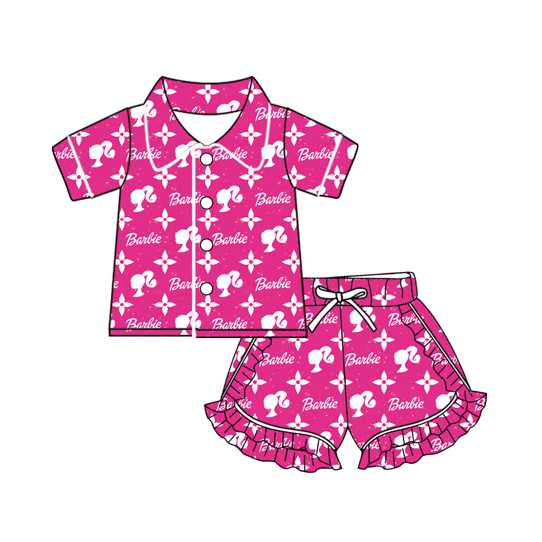 Baby Girl Short Sleeves Doll Pink Buttons Shirt Ruffle Shorts Pajamas Set Moq 5