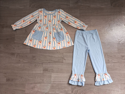 ( No moq ) Preorder Baby Girl Kids Christmas Santa Stripes Pockets Tunic Blue Ruffle Pants Set Clothes