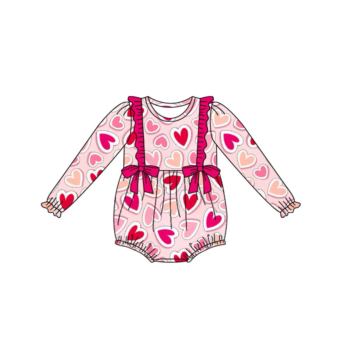 Baby Girl Infant Long Sleeves Valentines Pink Hearts Bows Bubble Romper Moq 5