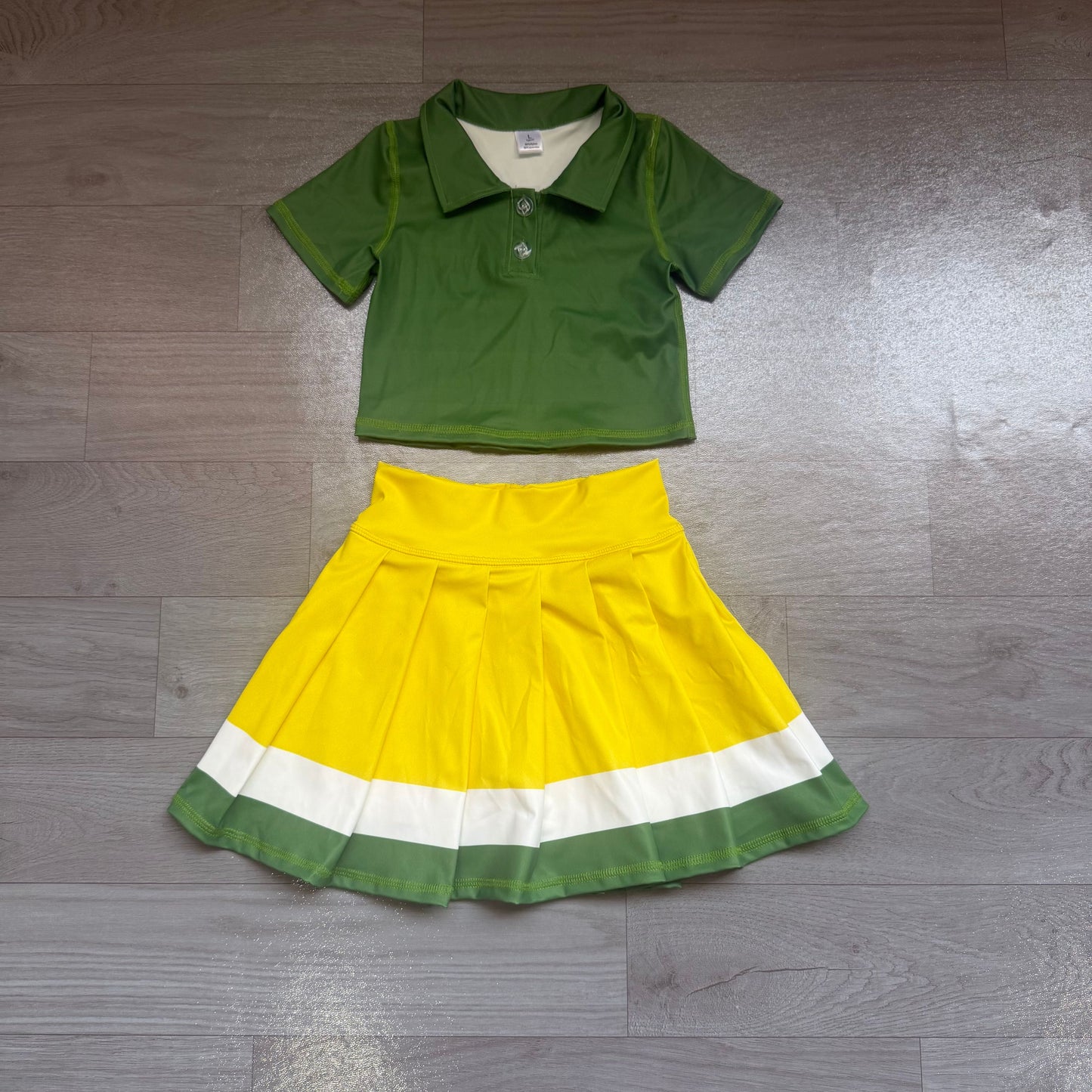( No moq ) Preorder Baby Girls Kids Green Buttons Shirt Skirt Shorts Yoga Active Set Clothes