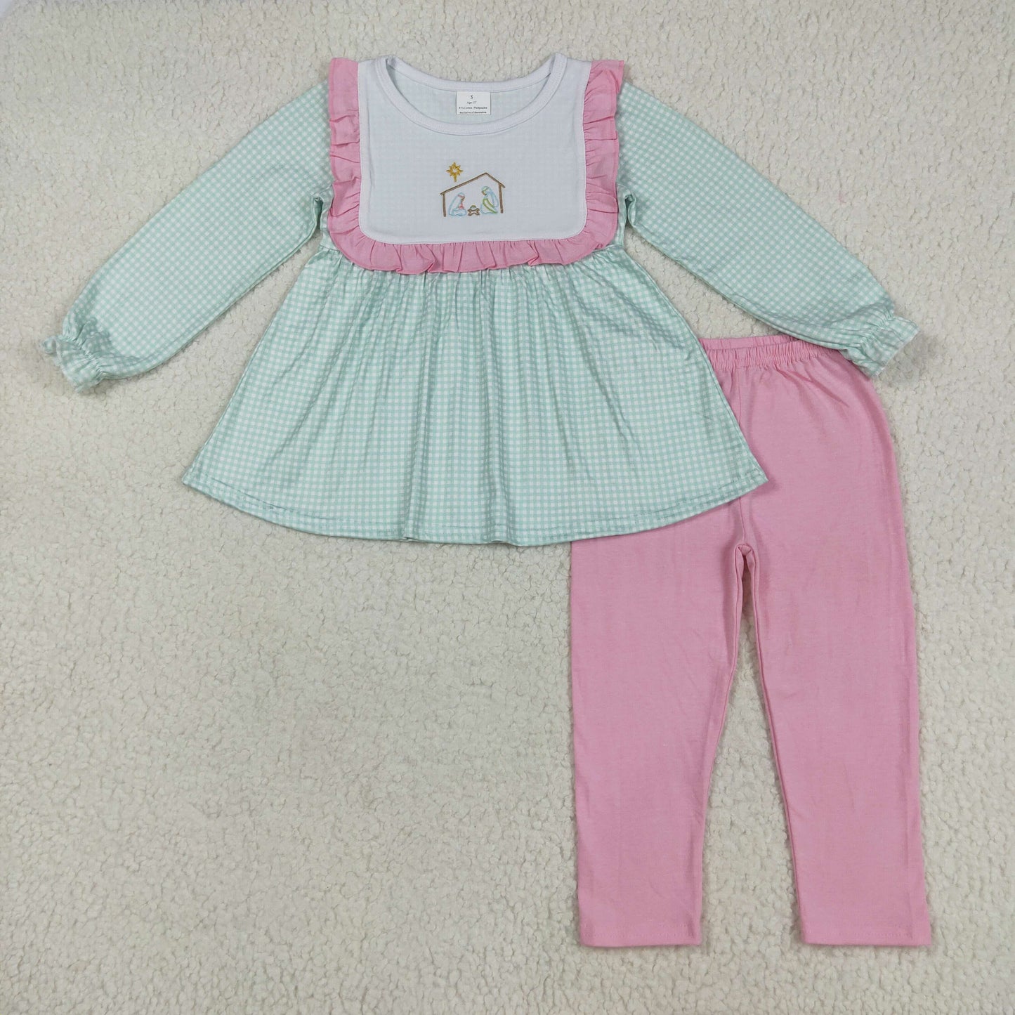 Baby Girl Long Sleeves Green Plaid Embroidery Jesus Ruffle Tunic Pink Pants Set RTS