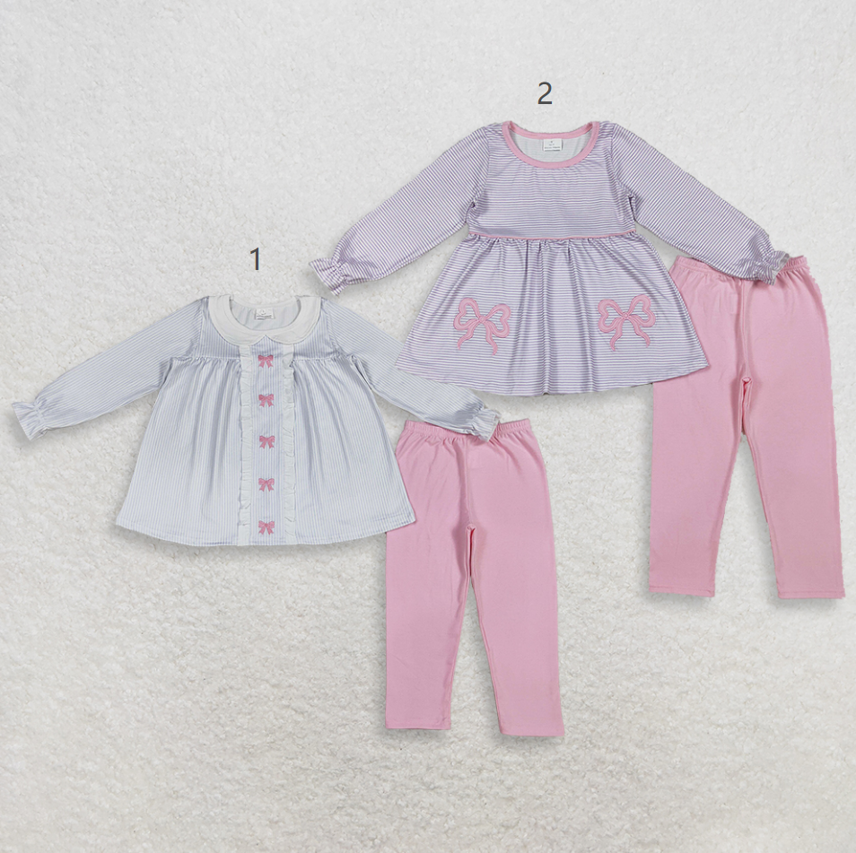 Sibling Baby Girls Kids Long Sleeves Embroidery Bows Stripes Tops Pants Clothes Sets RTS