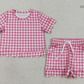 Baby Girls Kids Short Sleeves Plaid Shirt Scallop Shorts Pink Clothes Set RTS