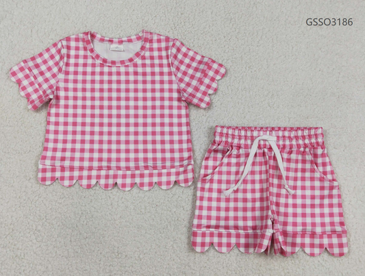 Baby Girls Kids Short Sleeves Plaid Shirt Scallop Shorts Pink Clothes Set RTS