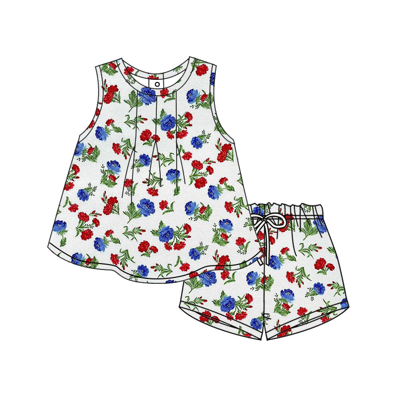 Baby Girl Sleeveless July 4th Flower Tops Shorts Summer Set ( Moq 5 ）12.9