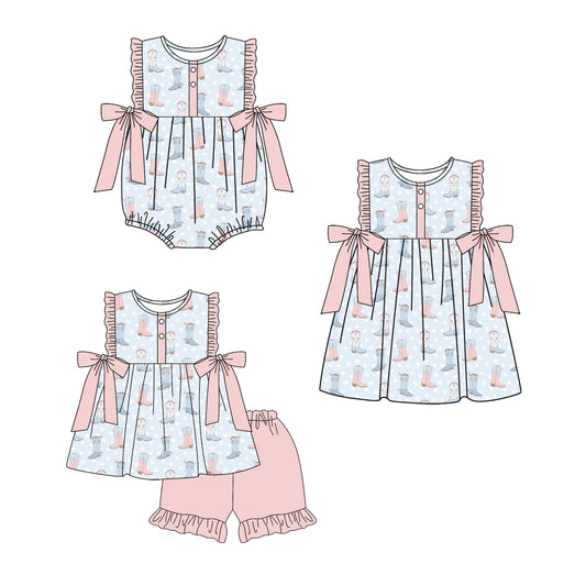 ( Moq 5 Each Style ) Sibling Baby Girls Kids Western Boots Bows Romper Dress Set Clothes