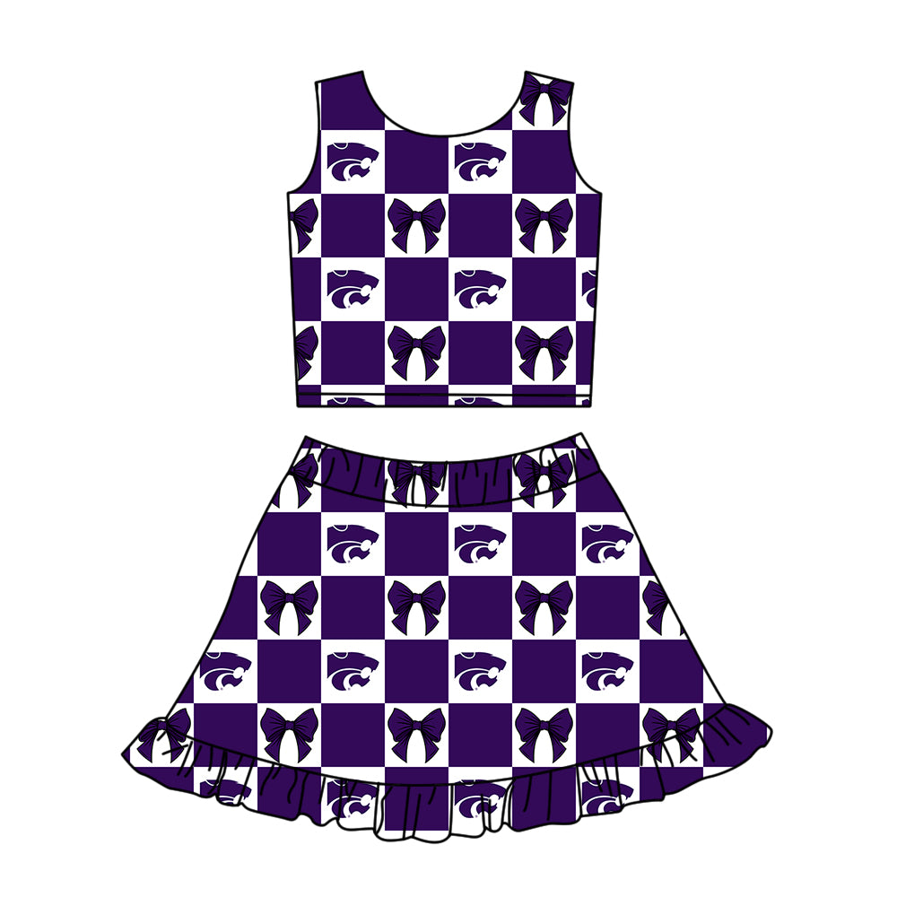 ( Moq 5 ) Baby Girls Kids Toddler Bows Purple Checked Tops Shorts Ruffle Skirt Team Set