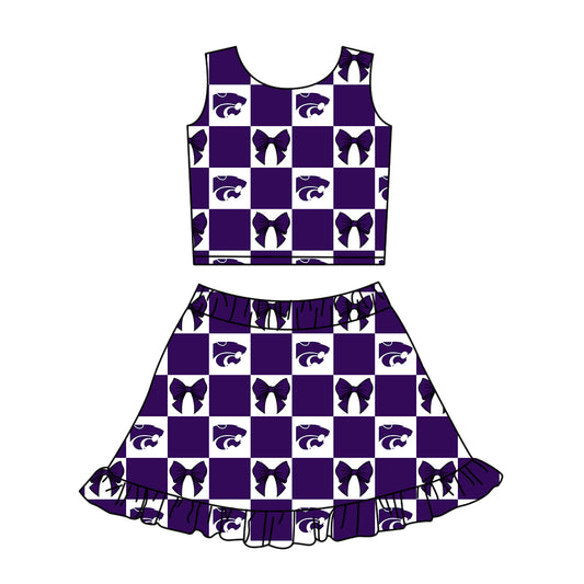 ( Moq 5 ) Baby Girls Kids Toddler Bows Purple Checked Tops Shorts Ruffle Skirt Team Set