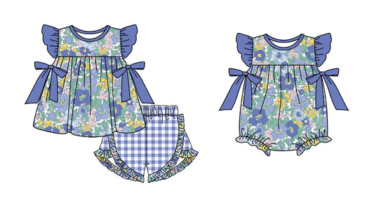 Baby Girl Short Sleeves Flower Bows Sibling Ruffle Blue Romper Clothes Set Moq 5 Each Style